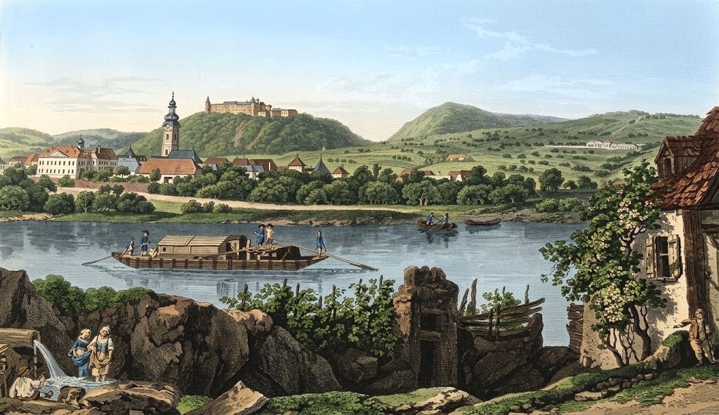 Zeitgenössische Illustration von Krems und Stein an der Donau, mit einer Flussfähre, aus der Zeit vor dem Bau der ersten Brücke.