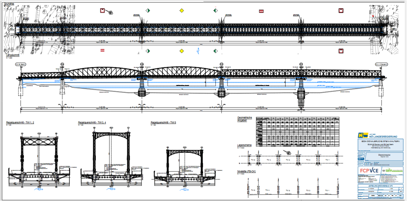 Technischer Bauplan mit einem Grundriss oben und einem Längsschnitt in der Mitte. Darunter befinden sich drei Regelquerschnitte (TW 1,2 / TW 3,4 / TW 5), die typische Querschnittsformen der Tragwerke zeigen.